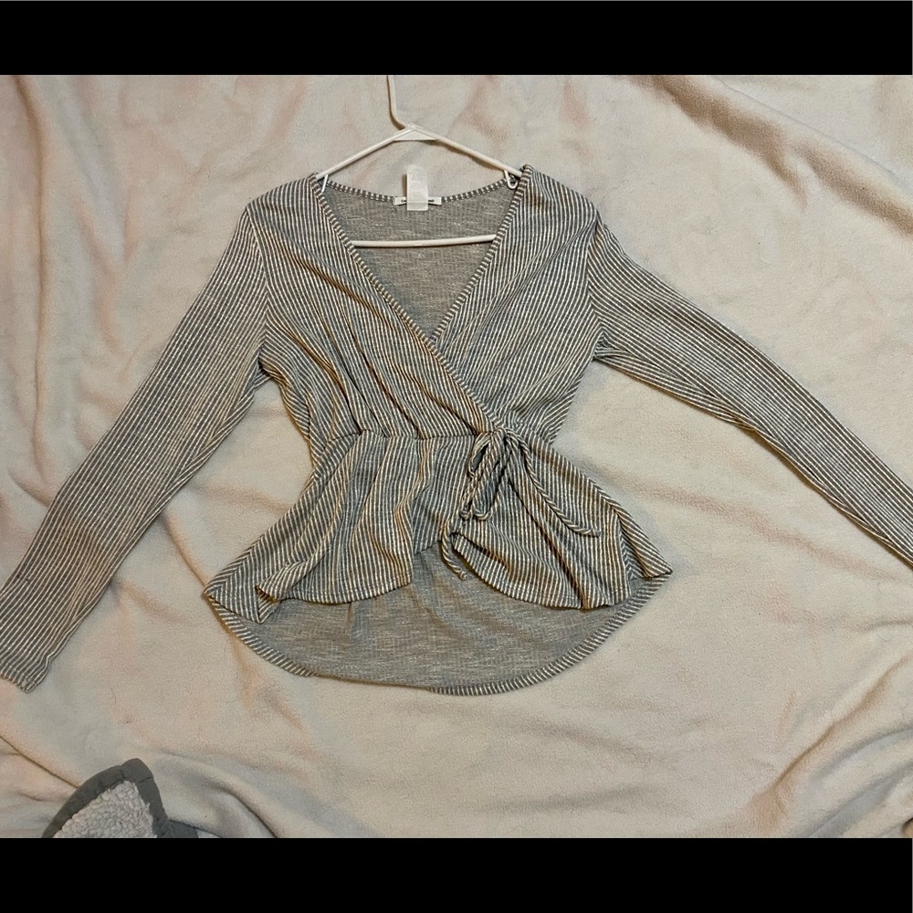 Grey and white pinstripe mock tie around blouse